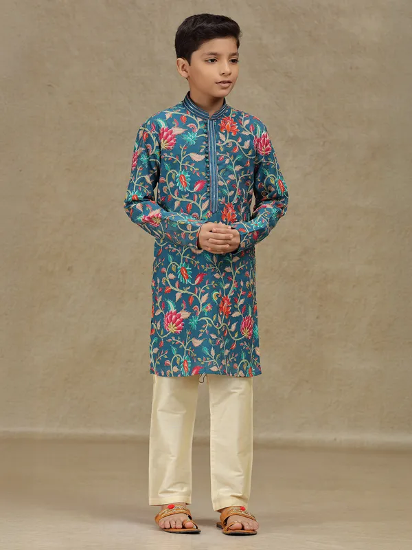 Rama blue silk kurta suit with print for boys