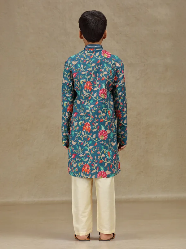 Rama blue silk kurta suit with print for boys