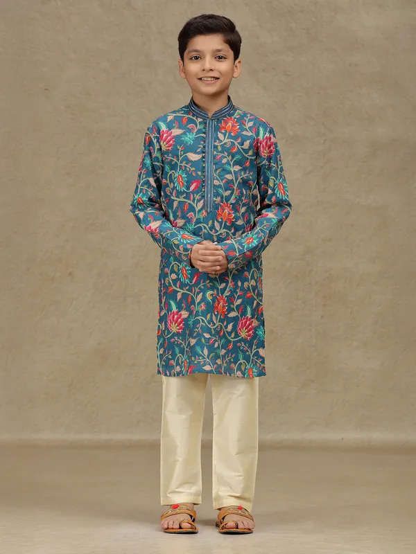 Rama blue silk kurta suit with print for boys