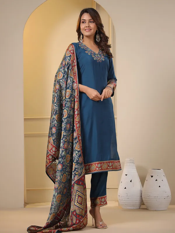 Rama blue silk kurti set with dupatta