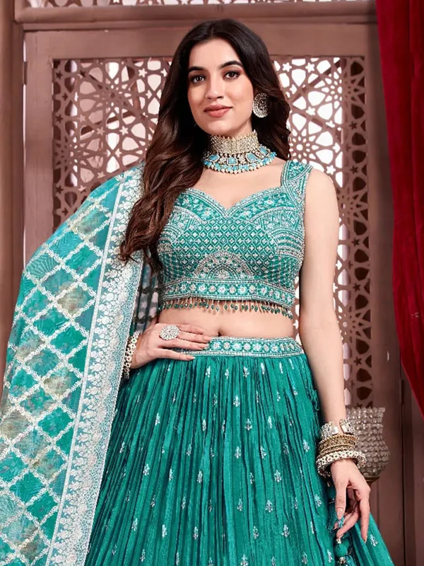 Rama blue silk lehenga choli with zari beads