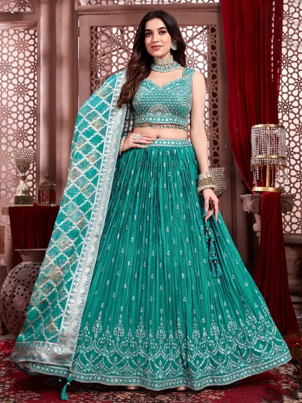 Rama blue silk lehenga choli with zari beads