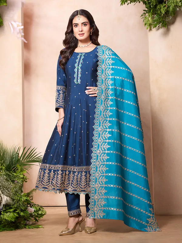 Rama blue silk pakistani salwar suit with heavy dupatta