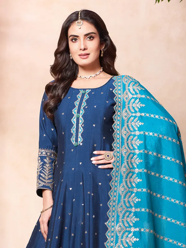 Rama blue silk pakistani salwar suit with heavy dupatta