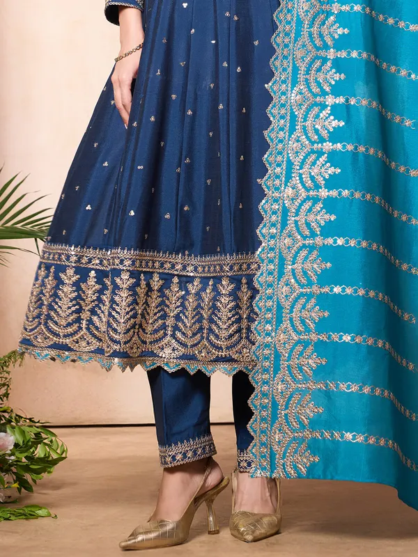 Rama blue silk pakistani salwar suit with heavy dupatta