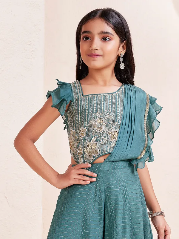 Rama blue silk palazzo suit with embellishments