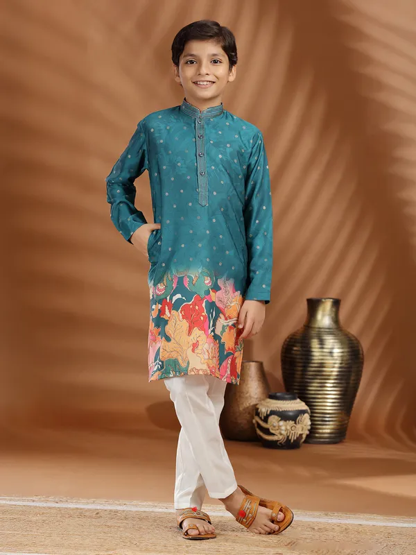 Rama blue silk printed kurta pajama