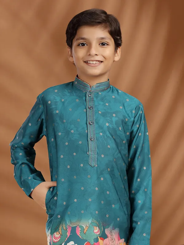 Rama blue silk printed kurta pajama