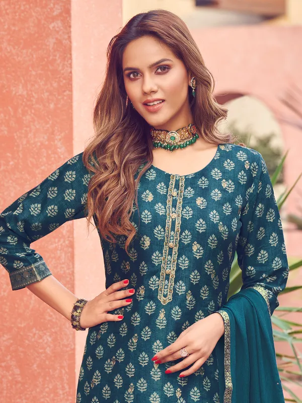 Rama blue silk printed salwar suit