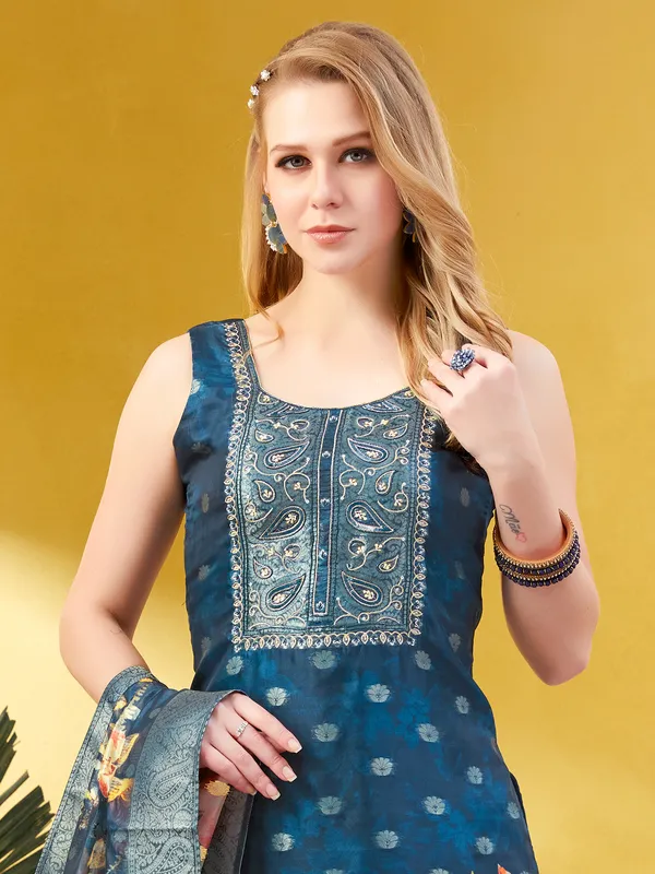Rama blue silk printed salwar kameez