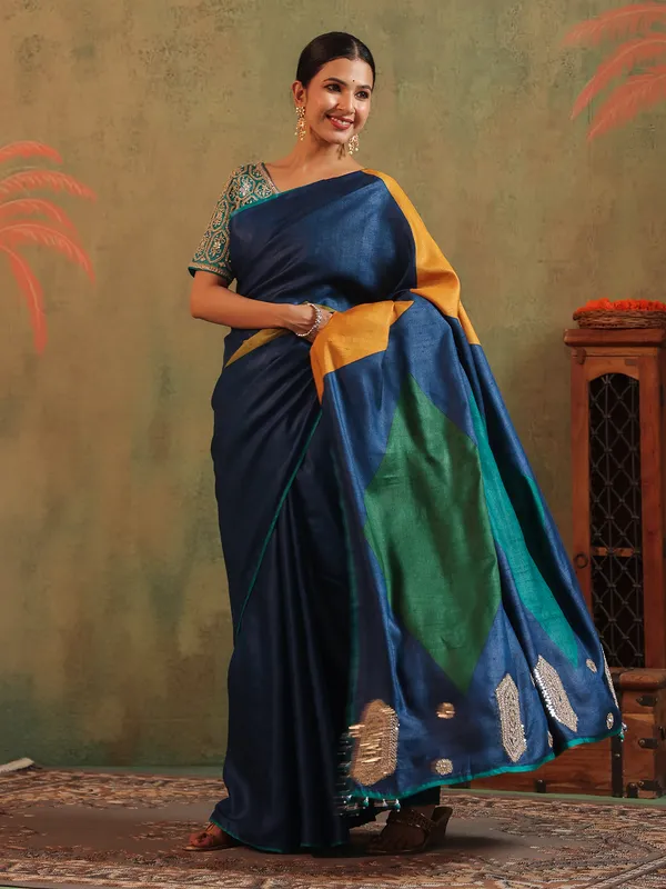 rama blue silk printed saree with thread work