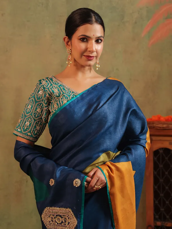 rama blue silk printed saree with thread work