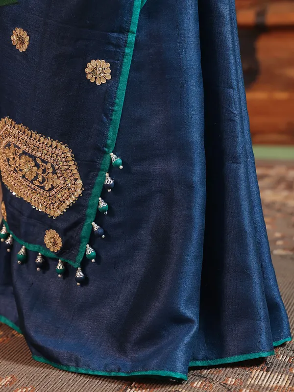 rama blue silk printed saree with thread work