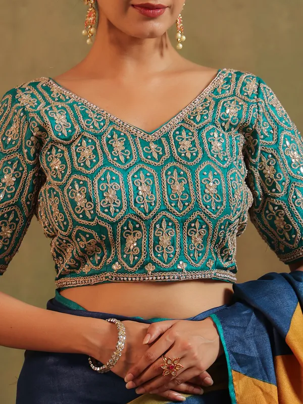 rama blue silk printed saree with thread work