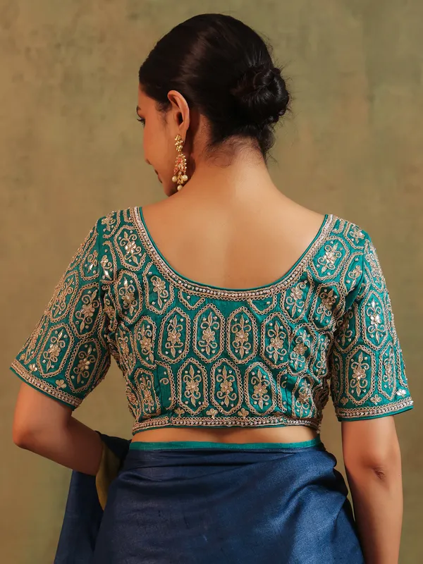 rama blue silk printed saree with thread work