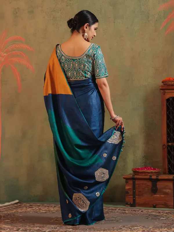 rama blue silk printed saree with thread work