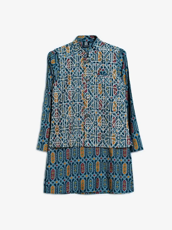 Rama blue silk printed wedding waistcoat set