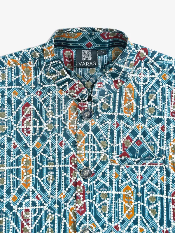 Rama blue silk printed wedding waistcoat set
