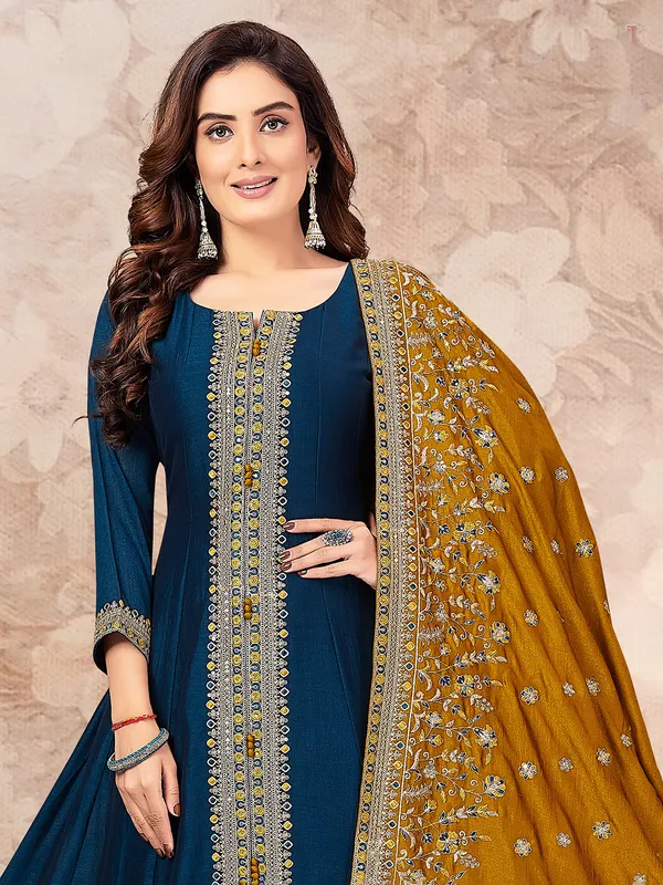 Rama blue silk salwar suit with sequins work