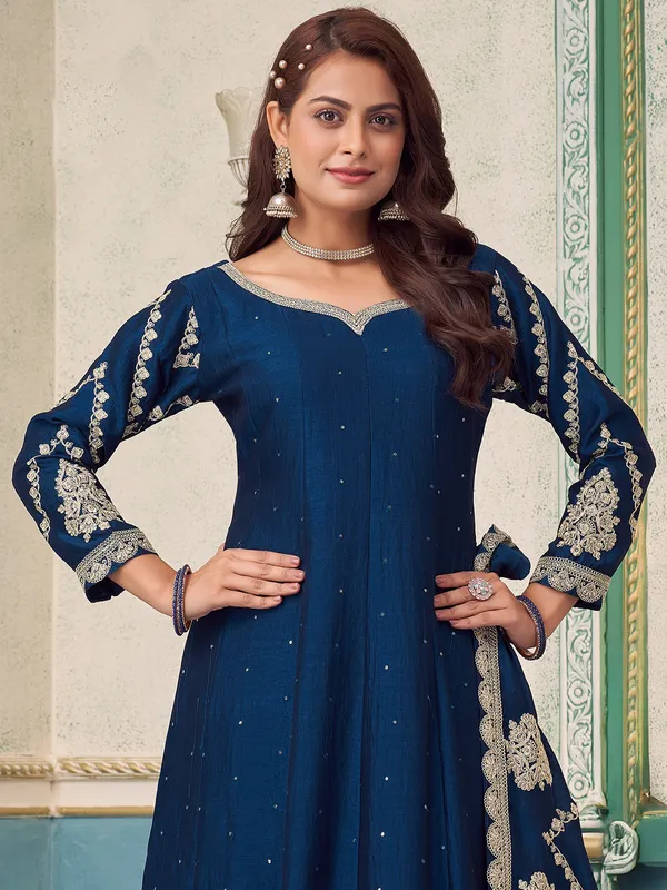 Rama blue silk salwar suit with sweetheart neckline