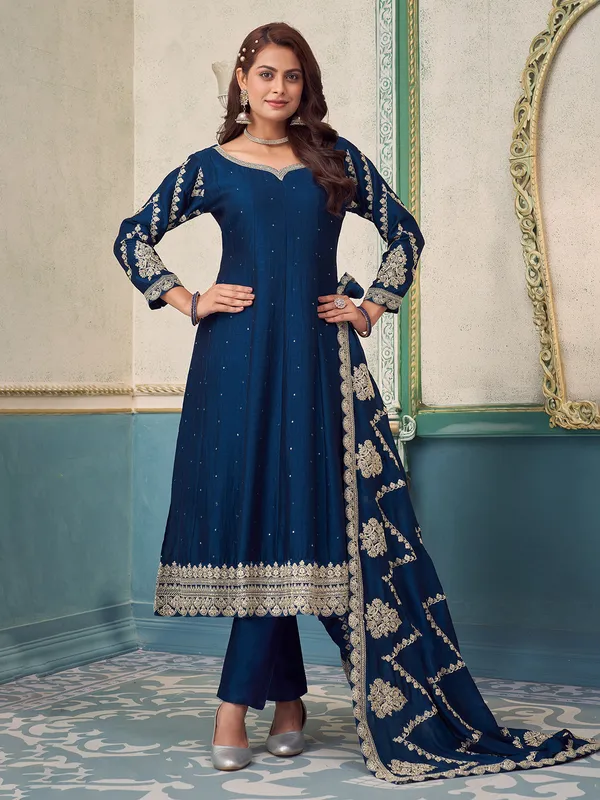 Rama blue silk salwar suit with sweetheart neckline