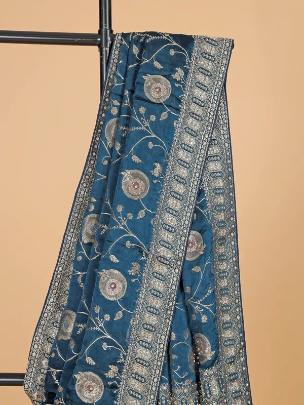 Rama blue silk saree with contrast border