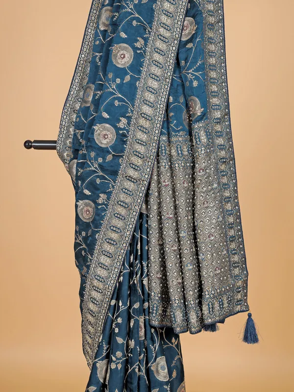 Rama blue silk saree with contrast border