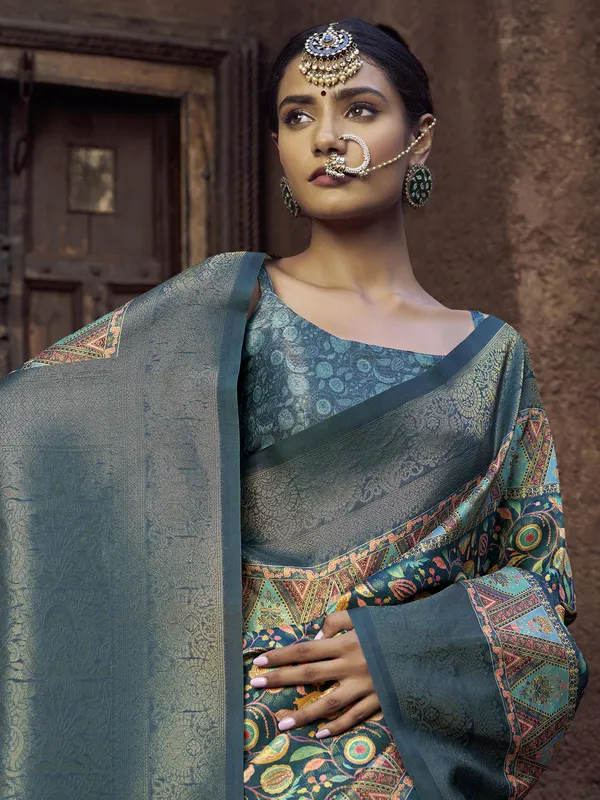 Rama blue silk saree with zari glow