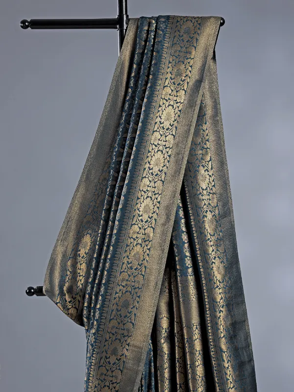 Rama blue silk saree with zari weaving