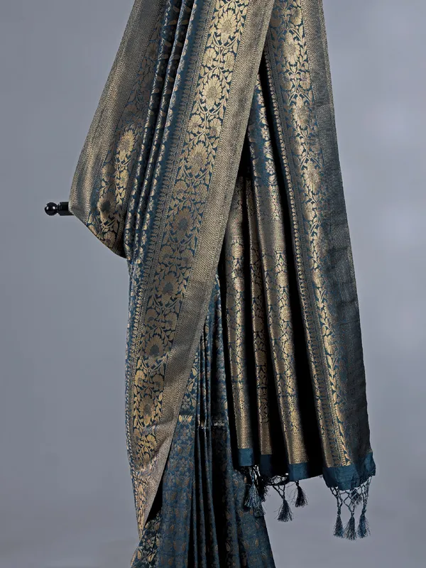 Rama blue silk saree with zari weaving