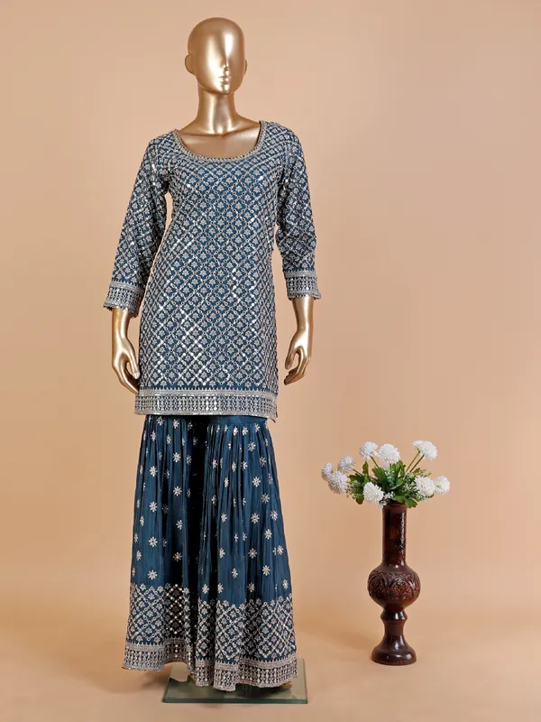 Rama blue silk sharara suit