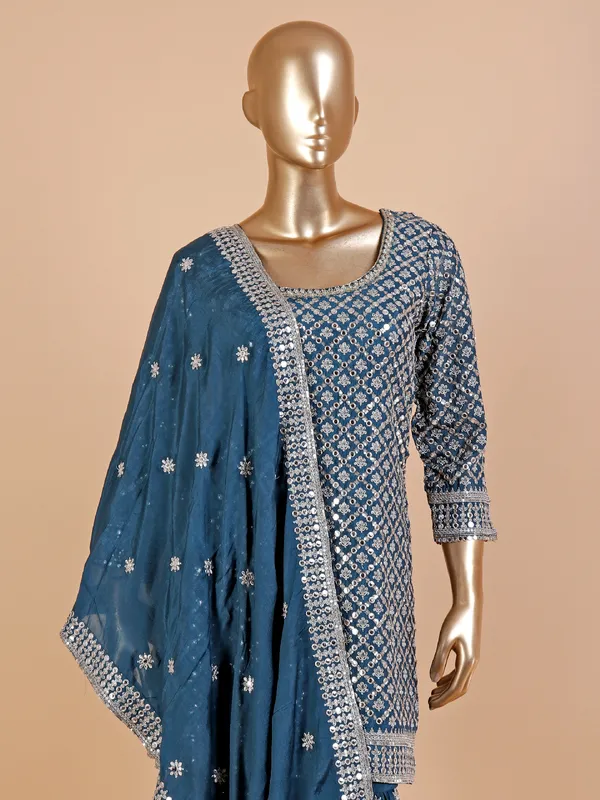 Rama blue silk sharara suit