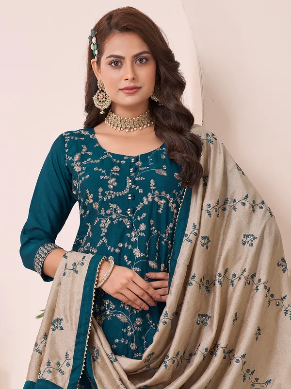 Rama blue silk suit with sleeveless look and dupatta