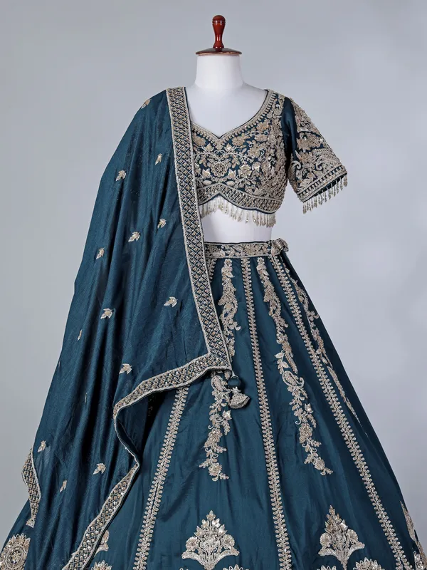Rama blue silk sweetheart lehenga choli with dupatta