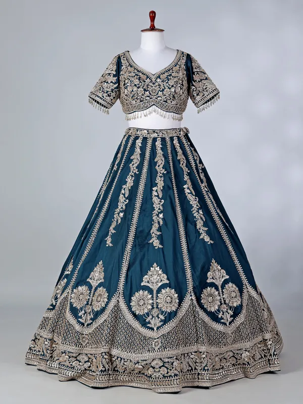 Rama blue silk sweetheart lehenga choli with dupatta