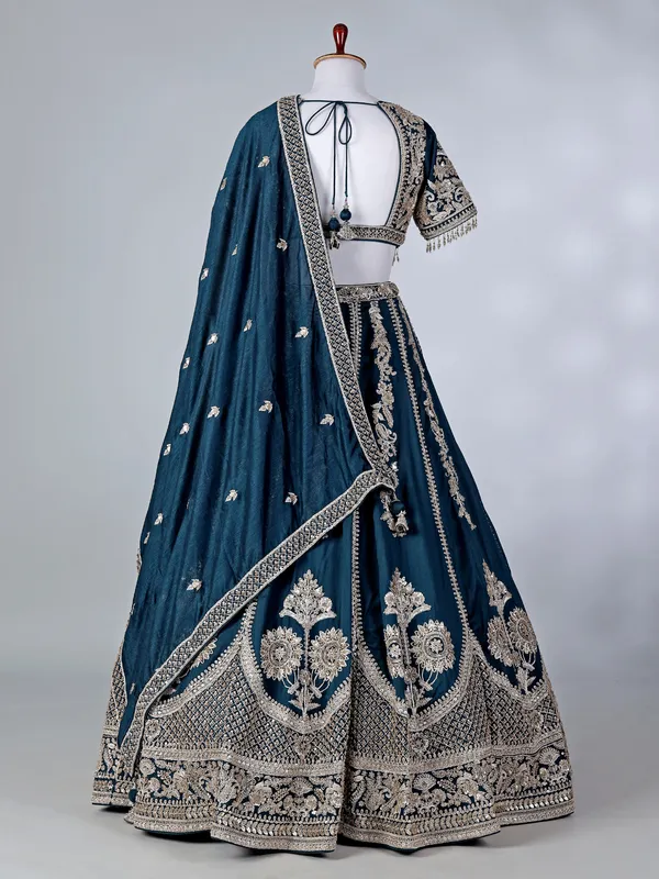 Rama blue silk sweetheart lehenga choli with dupatta