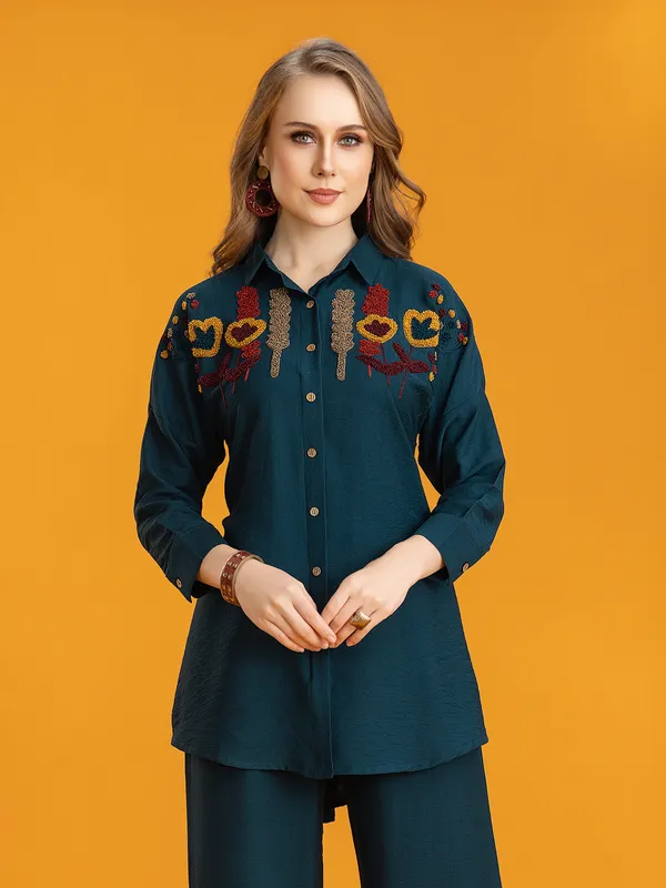 Rama blue silk thread embellished palazzo co-ord set