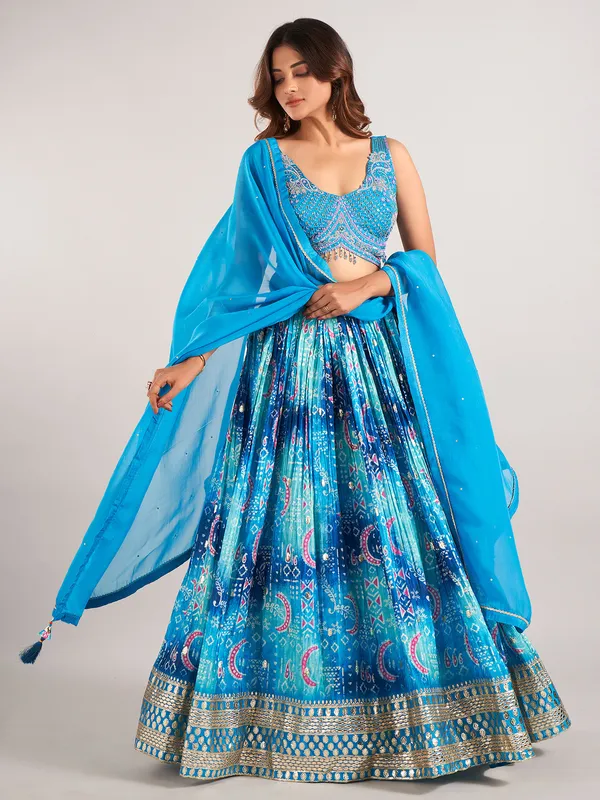 Rama blue silk wedding wear lahenga choli with dupatta