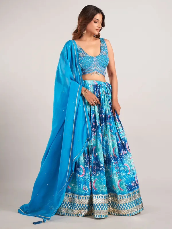Rama blue silk wedding wear lahenga choli with dupatta