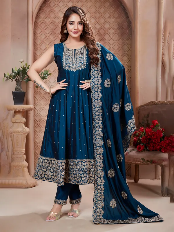 Rama blue silk wedding wear salwar suit
