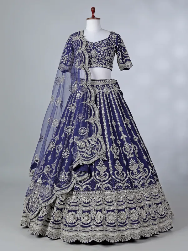 Rama blue silk zari beaded lehenga choli