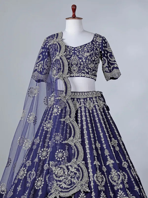 Rama blue silk zari beaded lehenga choli