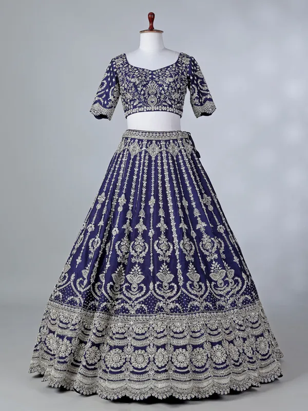 Rama blue silk zari beaded lehenga choli