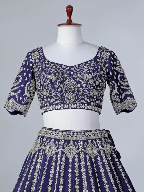 Rama blue silk zari beaded lehenga choli