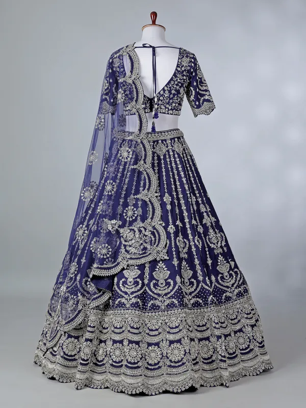 Rama blue silk zari beaded lehenga choli