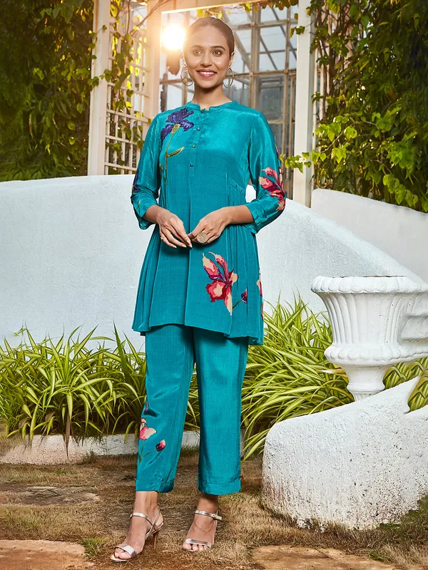 Rama blue soft silk printed co ord set