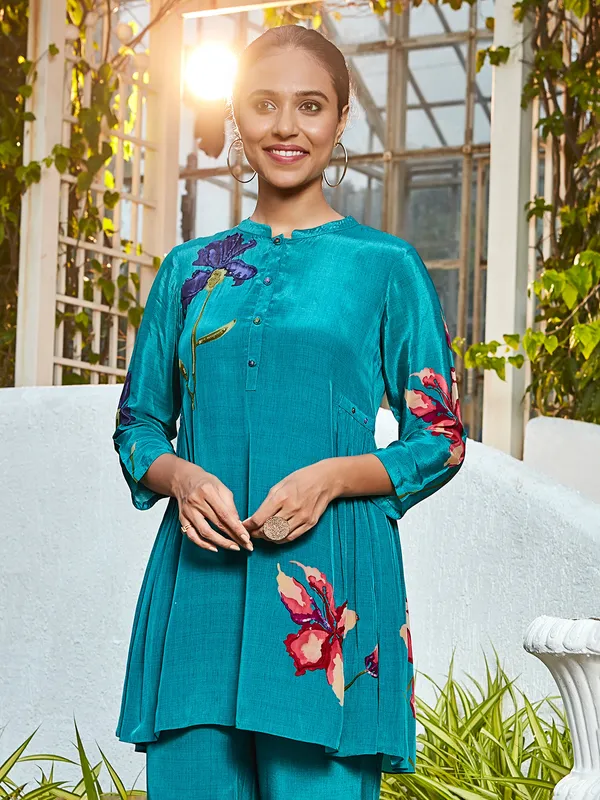 Rama blue soft silk printed co ord set