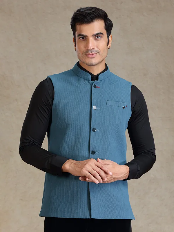 Rama blue solid textured waistcoat for men