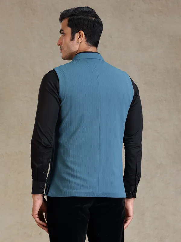 Rama blue solid textured waistcoat for men