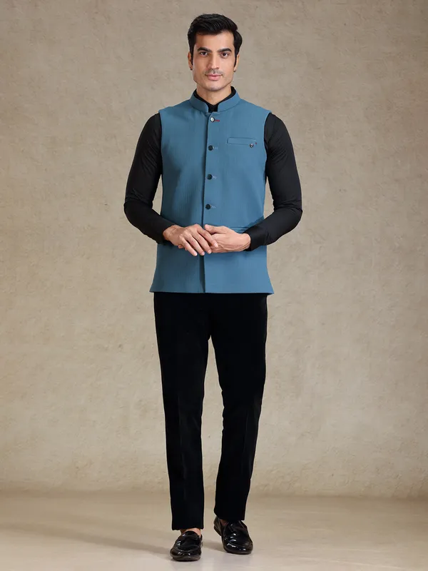 Rama blue solid textured waistcoat for men